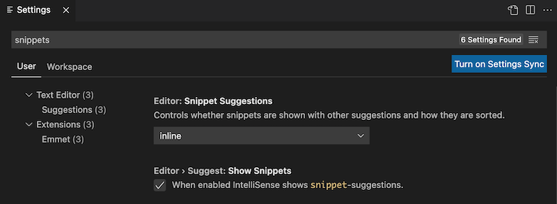 Snippets and IntelliSense settings